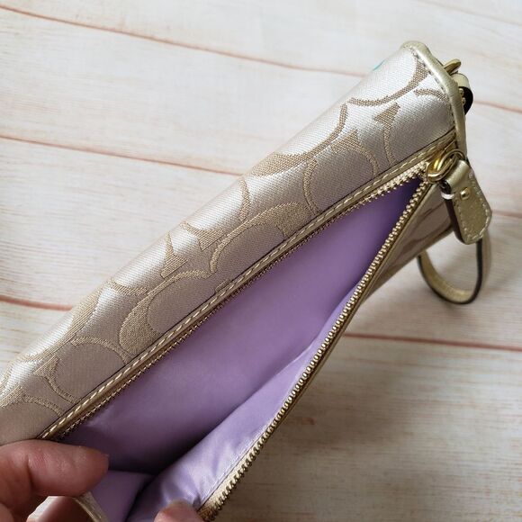 Coach Fabric Leather Logo Wristlet Wallet Metallic Gold Tan Fun Print - Picture 6 of 16